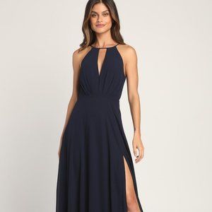 Lulus Aim for Amour Navy Blue Halter Neck Chiffon Maxi Dress size M